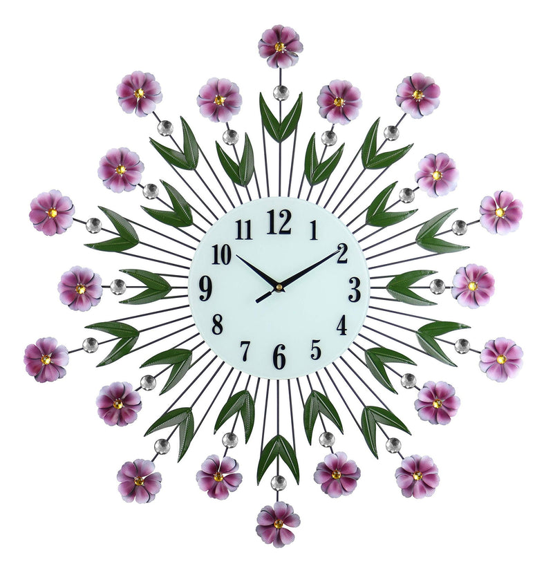 Silent Analog Floral Round Wall Clock - Purple / Green / White