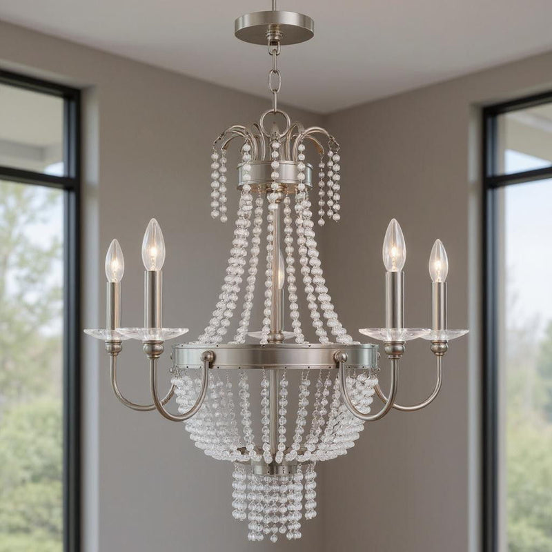 27" Five Light Dimmable Chandelier With Shades - Nickel