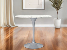 Load image into Gallery viewer, 40" Rounded Marble And Metal Pedestal Base Dining Table - Gray / White
