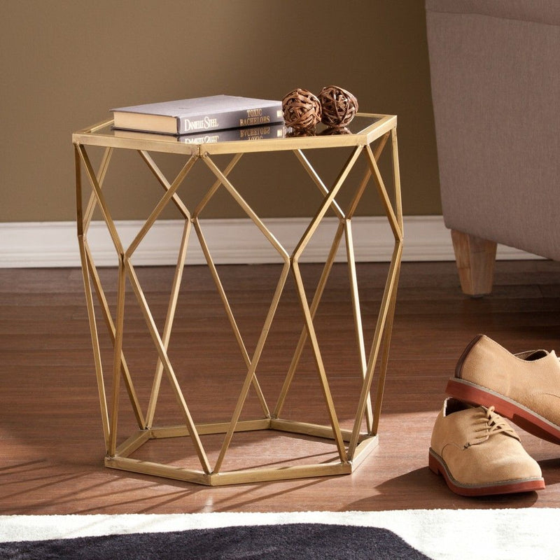 Reflective Glass Hexagon Mirrored End Table - Gold