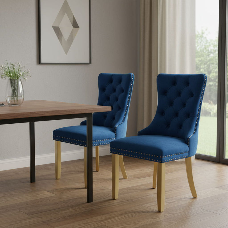 Tufted Solid Wood Dining Side Chairs (Set of 2) - Blue / Gold