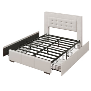 Modern Style Upholstered Queen Platform Bed Frame with Four Drawers, Button Tufted Headboard with PU Leather and Velvet, Beige