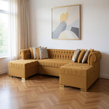Load image into Gallery viewer, Mustard Velvet U Shaped Three Piece Sofa Chaise Sectional With Toss Pillows - Mustard
