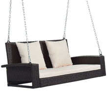 Load image into Gallery viewer, GO 2-Person Wicker Hanging Porch Swing with Chains, Cushion, Pillow, Rattan Swing Bench for Garden, Backyard, Pond. (Brown Wicker, Beige Cushion)

