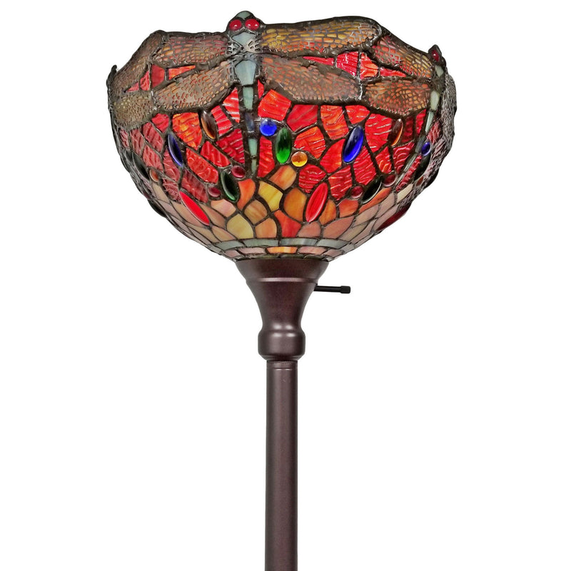 Traditional Shaped Floor Lamp With Red Yellow And Brown Dragonfly Stained Glass Dome Shade - Brown