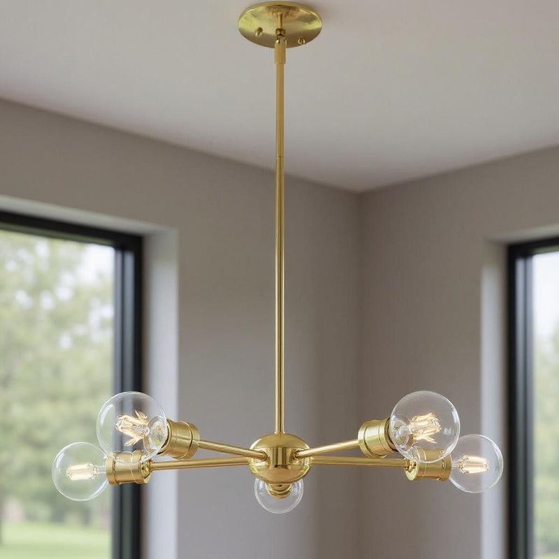 Five Light Dimmable Chandelier With Shades - Brass