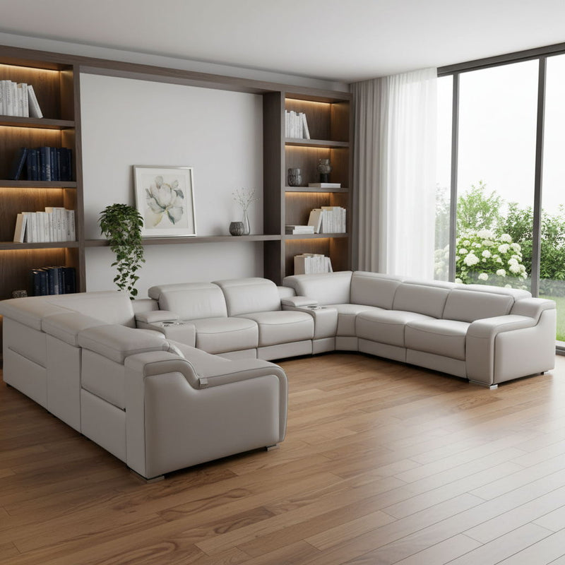 Italian Leather Power Reclining U-Shaped Ten Piece Corner Sectional With Console - Light Gray