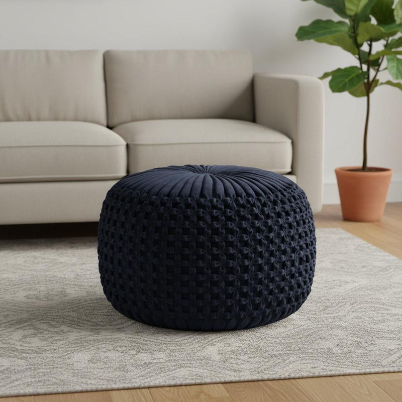 Round Pouf Ottoman - Blue