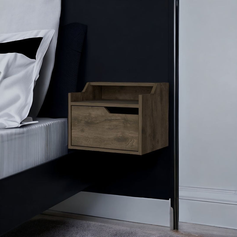 13" One Drawer Faux Wood Floating Nightstand - Brown