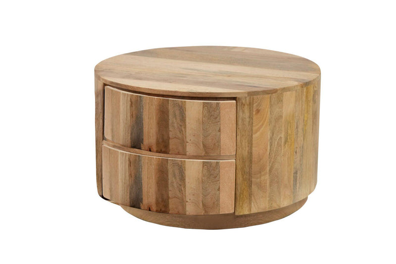 Round Drum Coffee Table With Two Drawers - Natural