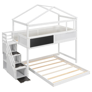 Twin over Full House Bunk Bed with Storage Staircase and Blackboard,White(Old SKU: GX001701AAK)