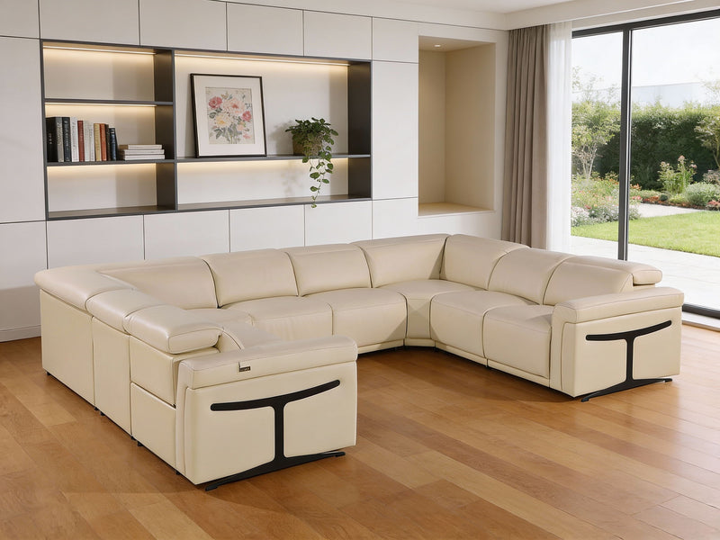 Power Reclining Italian Leather U Shaped Eight Piece Corner Sectional With Console - Beige