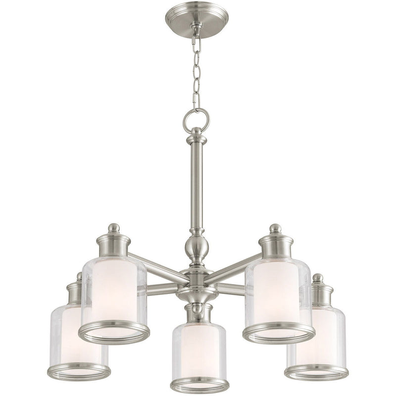 Five Light Metal Dimmable Chandelier With Shades - Nickel / Clear / Opal