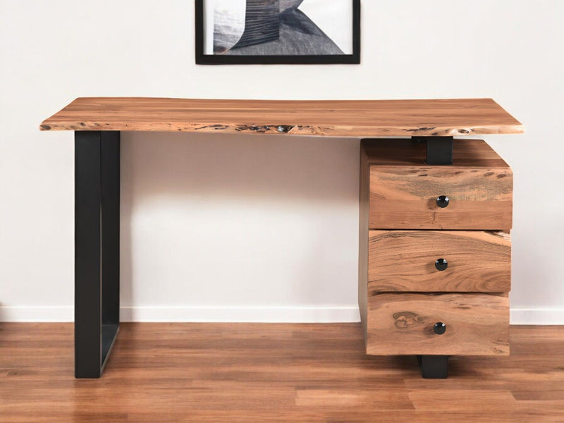 54" Live Edge Solid Wood Writing Desk With Three Drawers - Black And Brown