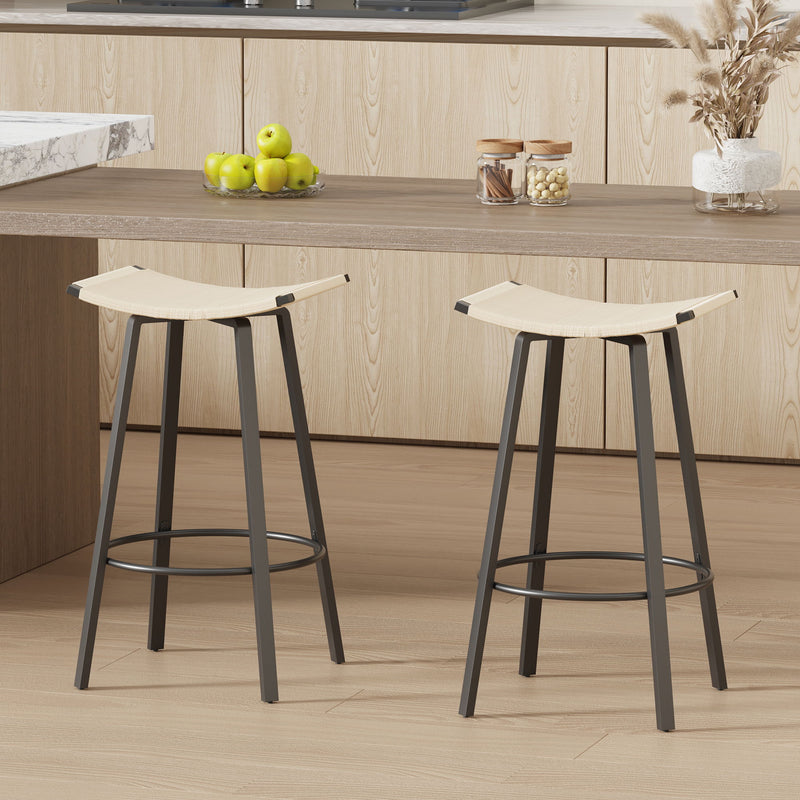 Counter Height Bar Stools Backless Handwoven Kitchen Dining Chairs With Round Footrest (Set of 2) Weaving Pub Stoo - Creamy White