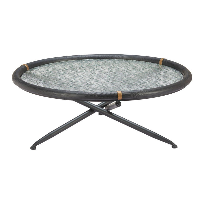 Glass Solid Wood Round Sled Coffee Table - Black