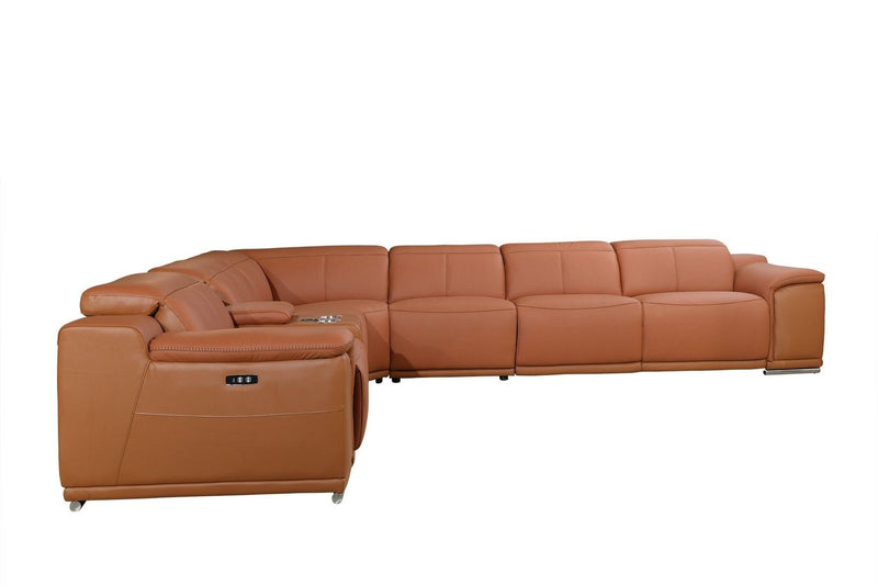 Italian Leather Power Reclining Seven Piece Corner Sectional With Console - Camel
