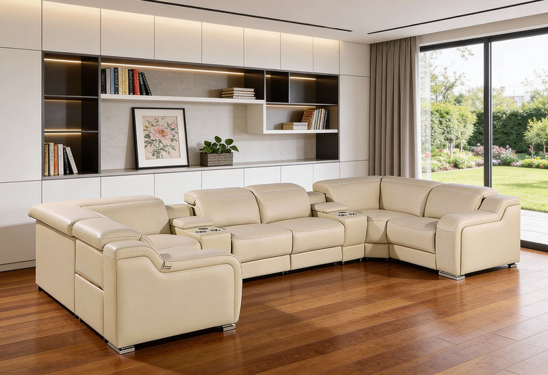 Italian Leather Power Reclining 8 Piece Corner Sectional With Console - Beige
