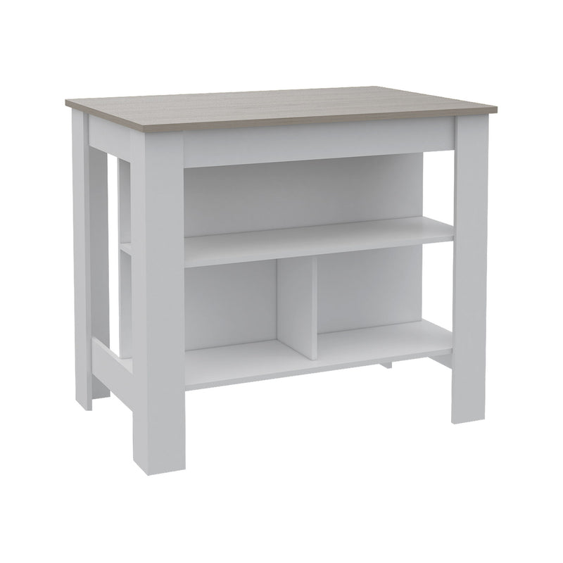 Light Gray And Wood Kitchen Island With Storage - White