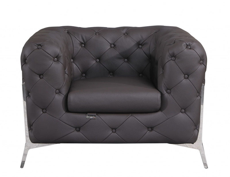 Glam Tufted Leather Armchair - Dark Gray And Chrome