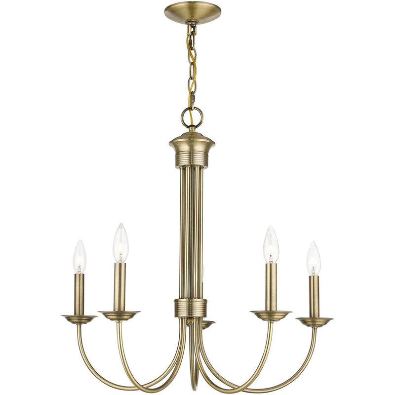 Five Light Metal Dimmable Chandelier With Shades - Antiqued Brass