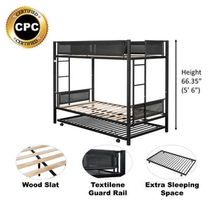 Metal Twin over twin bunk bed with Trundle/ Sturdy Metal Frame/ Noise-Free Wood Slats/ Comfortable Textilene Guardrail/ 2 side Ladders/ Space-Saving Trundle/ Bunk Bed for Three/ No Box Spring Needed