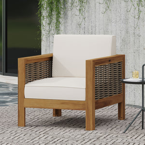 Outdoor Acacia Wood Club Chair with Wicker Accents, Teak Finish + Mixed Brown + Beige, 30.25"D x 27.5"W x 23.75"H