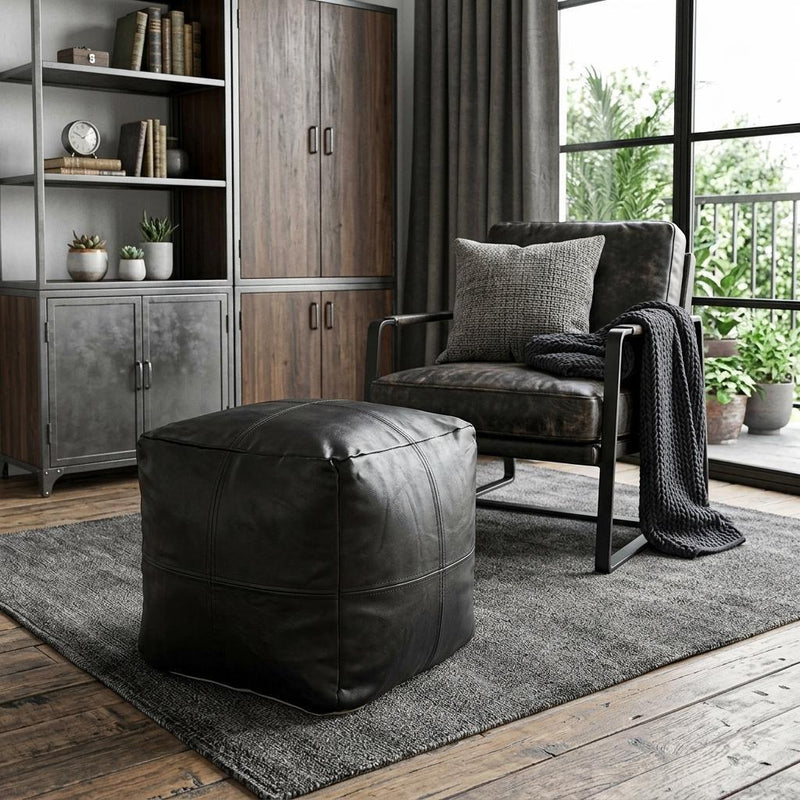 Faux Leather Cube Pouf Ottoman - Black