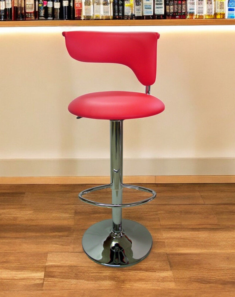 Faux Leather And Metal Low Back Adjustable Height Bar Chair - Red And Silver
