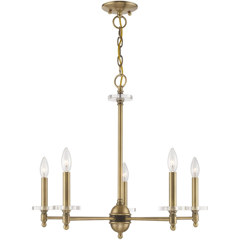 Five Light Metal Dimmable Chandelier With Shades - Antiqued Brass / Clear