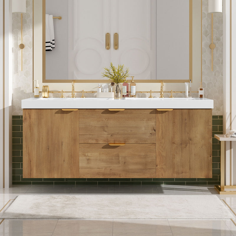 Double Sink Bathroom Vanity Soft Close Doors, Divided Drawers, Wall Mounted - Wood