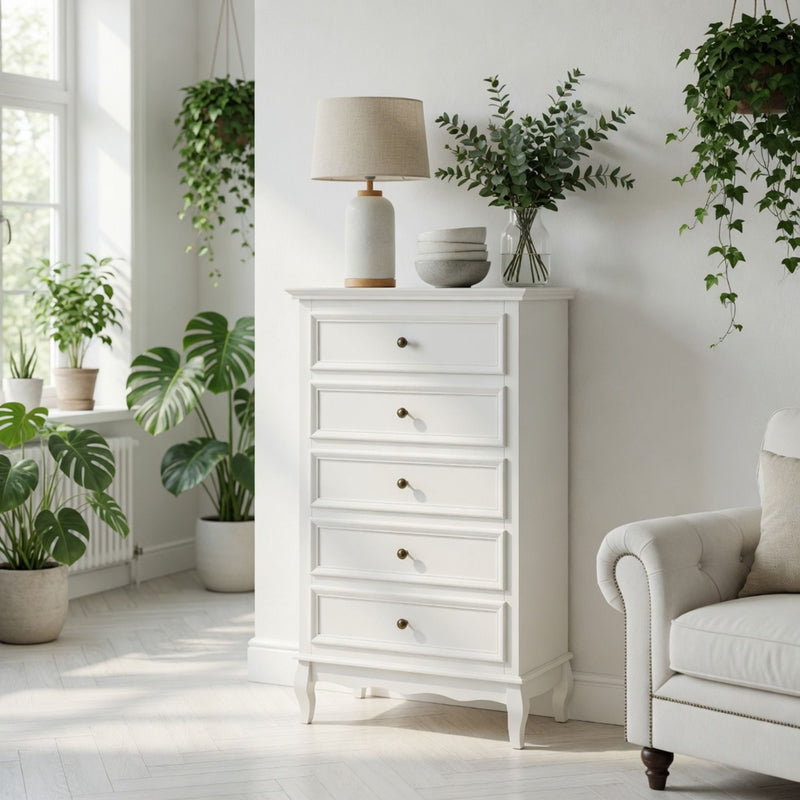 5 Drawer Tall Wide Chest Of Drawers - White
