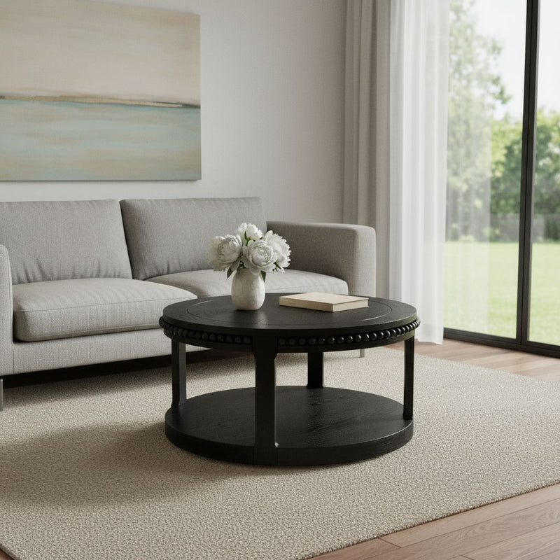 Floor Shelf Beaded Round Coffee Table - Black