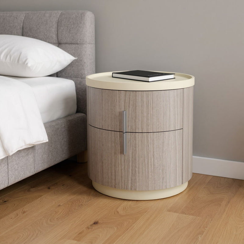 Wood Round Two Drawer Nightstand - Beige And Oak
