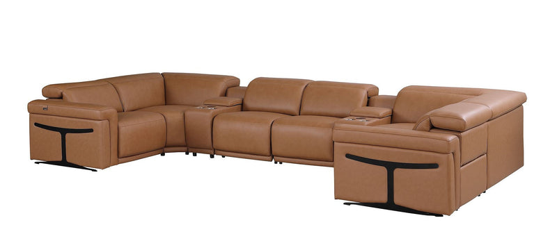 Italian Leather Power Reclining U Shaped Eight Piece Sectional With Console - Chestnut