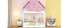 Load image into Gallery viewer, Twin Over Twin Bunk Bed Wood Bed with Tent and Drawers, White+Pink Tent
