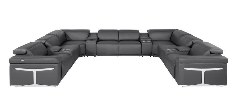 Italian Leather Power Reclining U Shaped Twelve Piece Sectional With Console - Dark Gray
