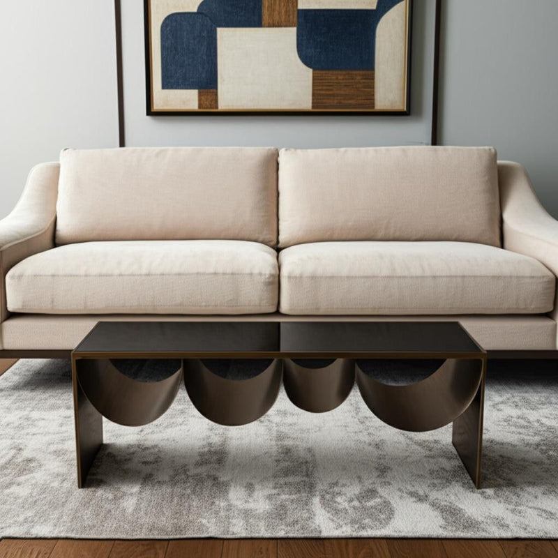 48" Mirro Glass And Steel Solid Coffee Table - Black And Brass