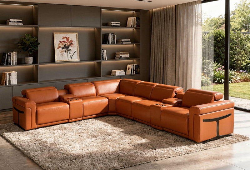 Italian Leather Modular L Shaped Eight Piece Corner Sectional With Console - Camel