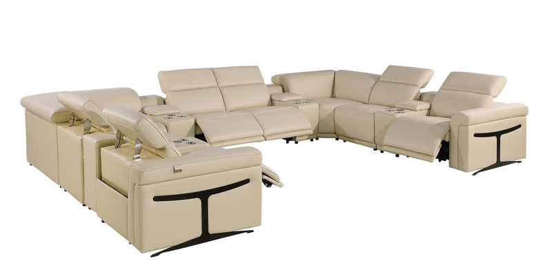 Italian Leather Power Reclining U Shaped Twelve Piece Sectional With Console - Beige