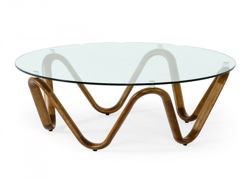 45" Glass And Solid Wood Round Coffee Table - Clear And Brown