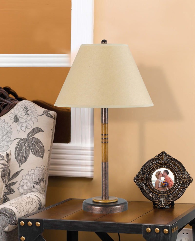 Rustic Metal Table Lamp With Brown Empire Shade - Bronze And Oak