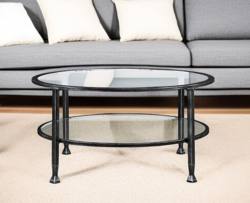 Glass Metal Round Coffee Table - Black