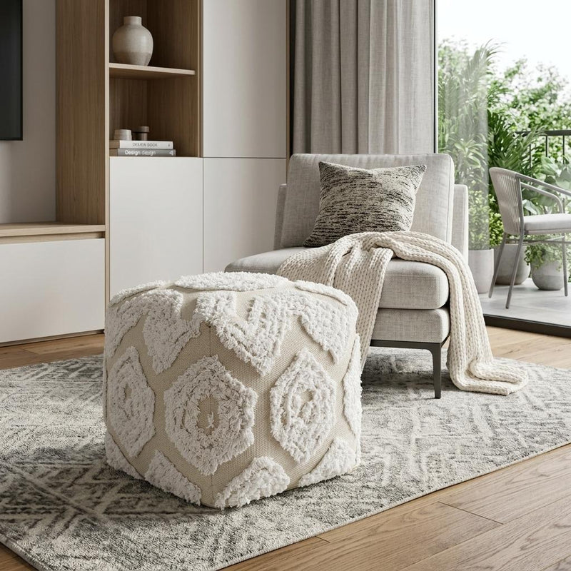 Fabric Geometric Round Pouf Ottoman - Cream / Beige