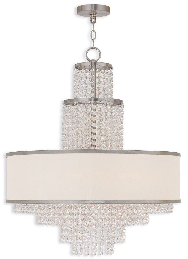 Six Light Metal Dimmable Chandelier With Shades - Nickel / Clear / Off White