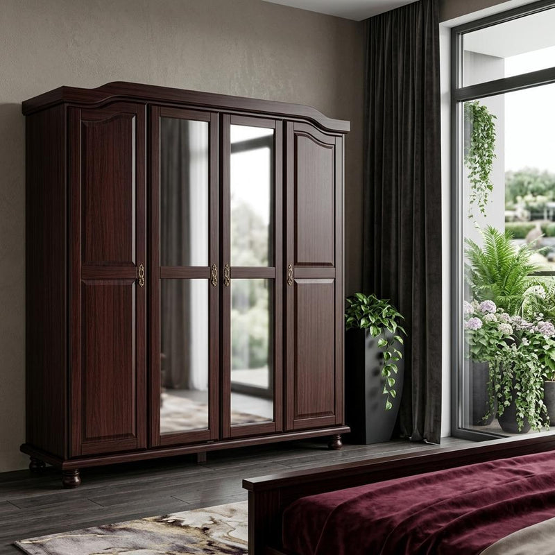 Solid Wood Mirrored Four Door Combo Dresser (764848) - Dark Brown