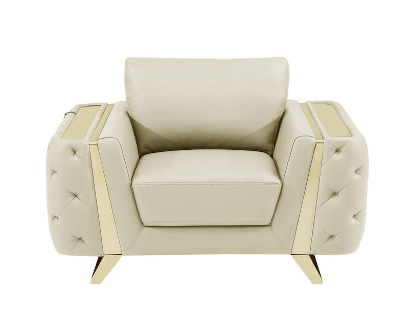 Genuine Leather Tufted Club Chair - Beige And Gold