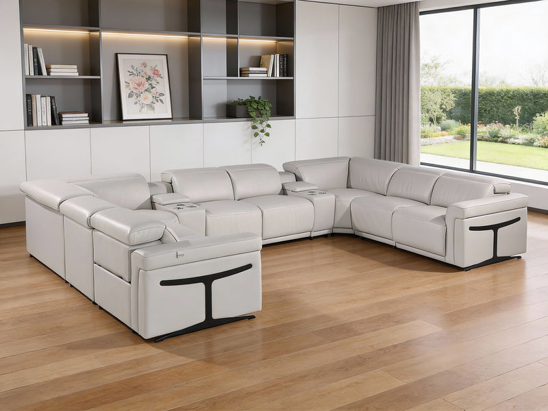 Italian Leather Power Reclining U Shaped Ten Piece Corner Sectional With Console - Light Gray