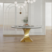Load image into Gallery viewer, Luxury Round 59" Sintered Stone Dining Table With Stainless Steel Hourglass Base, Scratch &amp; Heat Resistant Surface - Golden / White
