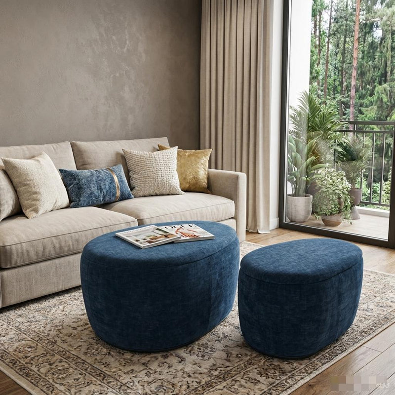 Chenille Round Ottoman With Storage (Set of 2) - Blue